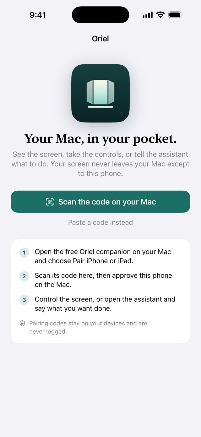 The Oriel start screen with Scan the code on your Mac